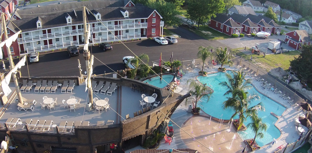 Overhead view of pirate ship and pool